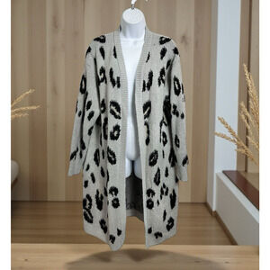Knox Rose Fuzzy Cardigan Sweater Sz Large Gray Animal Print Long Open Pockets
